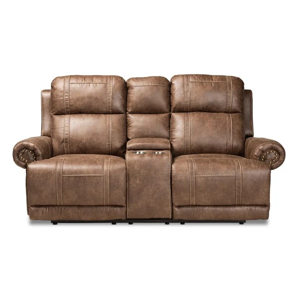 Baxton Studio Buckley Modern And Contemporary Light Brown Faux Leather 2-Seater Reclining Loveseat With Console 3 Baxton Studio Buckley Modern And Contemporary Light Brown Faux Leather 2-Seater Reclining Loveseat With Console - Image 3