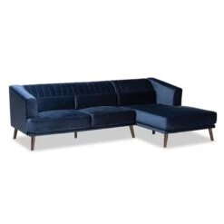Baxton Studio Morton Mid-Century Navy Blue Velvet And Dark Brown Wood Sectional Sofa With Right Facing Chaise