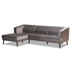 Baxton Studio Morton Mid-Century Grey Velvet And Dark Brown Finished Wood Sectional Sofa With Left Facing Chaise