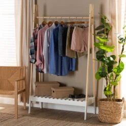 Baxton Studio Raylyn ModernTwo-Tone White And Oak Brown Finished Wood Freestanding Coat Hanger