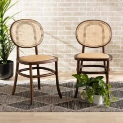 Baxton Studio Garold Mid-Century Brown Woven Rattan And Walnut Brown Wood 2-Piece Cane Dining Chair Set PR