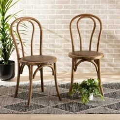 Baxton Studio Dacian Mid-Century Brown Woven Rattan And Walnut Brown Wood Dining Chair Set(2PC) PR