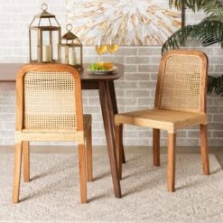 Baxton Studio Caspia MidCentury Modern Walnut Brown Mahogany Wood And Natural Rattan 2Piece Dining Chair Set