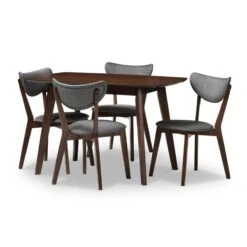 Baxton Studio Hadrea Walnut-Finished Dark Grey Upholstered 5-Piece Dining Set
