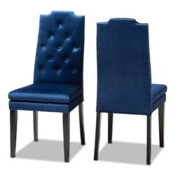 Baxton Studio Dylin Blue Velvet Upholstered Button Tufted Wood Dining Chair, PK2
