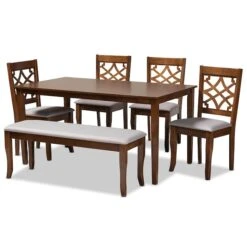 Baxton Studio Dori Grey Upholstered And Walnut Wood 6-Piece Dining Set