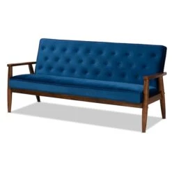 Baxton Studio Sorrento Blue Velvet Upholstered Walnut Finished Wooden 3-seater Sofa