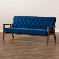 Baxton Studio Sorrento Blue Velvet Upholstered Walnut Finished Wooden 3-seater Sofa -Zoro Tools Shop Wholesale20Interiors20Inc 9940xx8