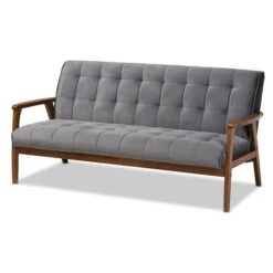 Baxton Studio Asta Mid-Century Grey Velvet Upholstered Walnut Finished Wood Sofa