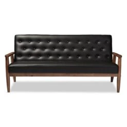 Baxton Studio Sorrento Black Faux Leather Upholstered Wooden 3-seater Sofa