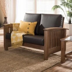 Baxton Studio Charlotte Walnut Wood And Dark Brown Faux Leather 2-Seater Loveseat -Zoro Tools Shop Wholesale20Interiors20Inc Brown Walnut LS 5