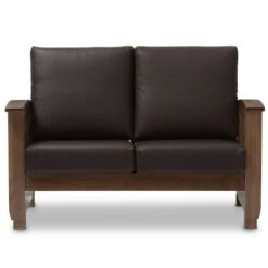 Baxton Studio Charlotte Walnut Wood And Dark Brown Faux Leather 2-Seater Loveseat