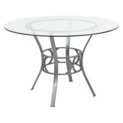 Round Dining Table, Silver Metal, Rnd Glass, 45", 45" W, 45" L, 29.5" H, Glass Top, Clear