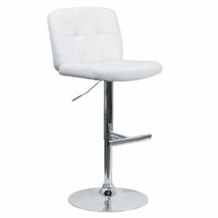 White Vinyl Barstool, Adj Height, Backrest: Tufted