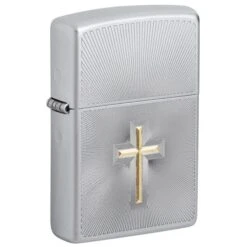 Zippo Auto Two Tone Cross Design Satin Chrome Pocket Lighter